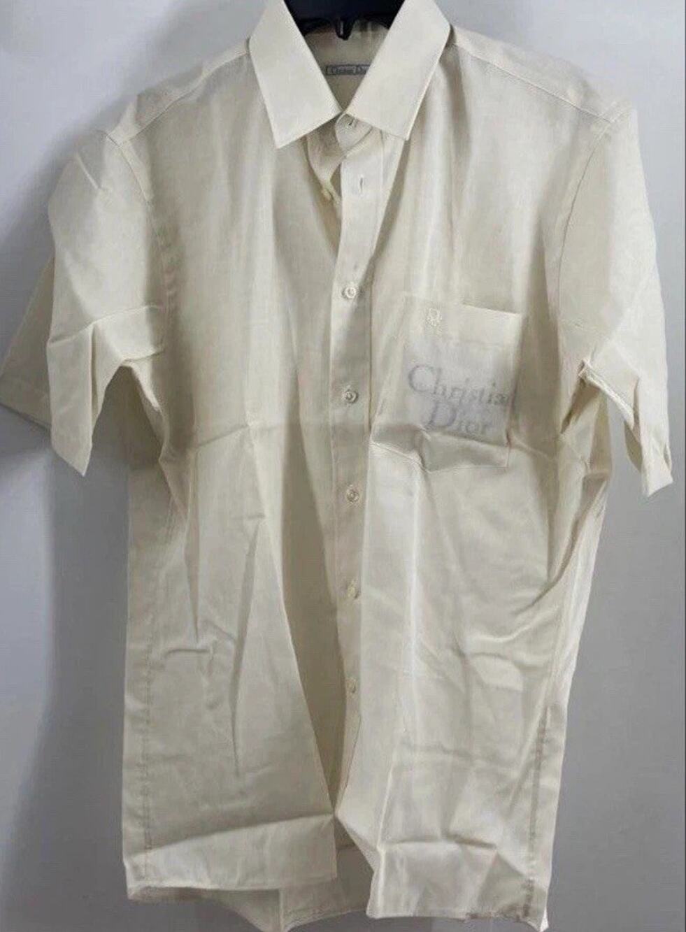 Vintage Christian Dior Men's White Solid Short Sleeve Logo Pocket Dress Shirt M